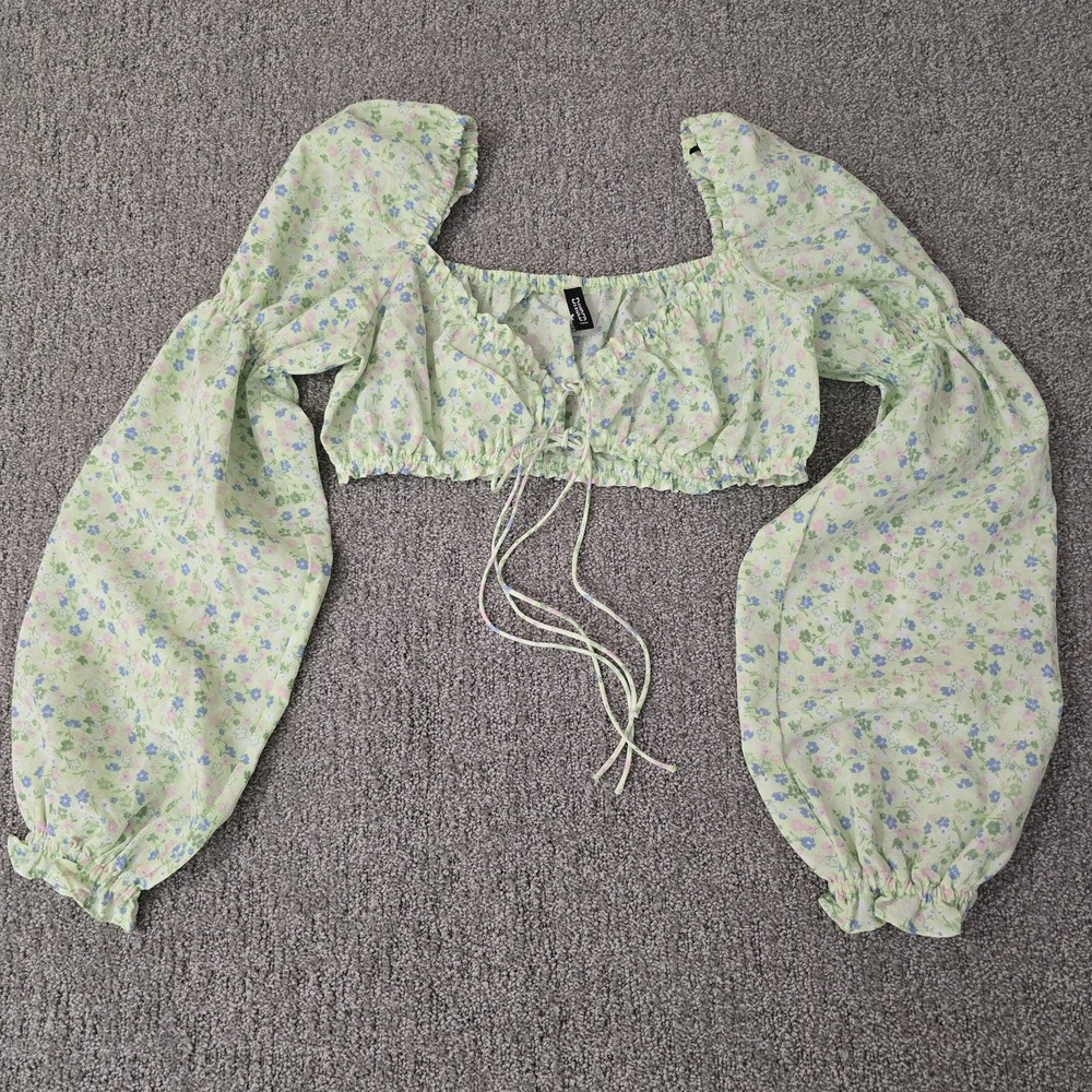Floral Puff Sleeve Boho Crop Front Tie Fairy Long Sleeve Whimsy Ren Faire Sz XS